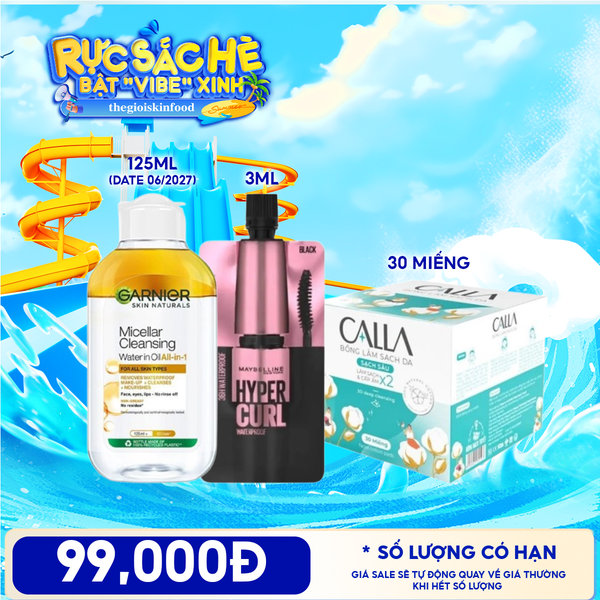  Combo Travel: Bông Tẩy Trang Calla 30 Miếng + Nước Tẩy Trang Làm Sạch Sâu Garnier Micellar Cleansing Water 125ML + Chuốt Mi Maybelline Mascara 3ml 