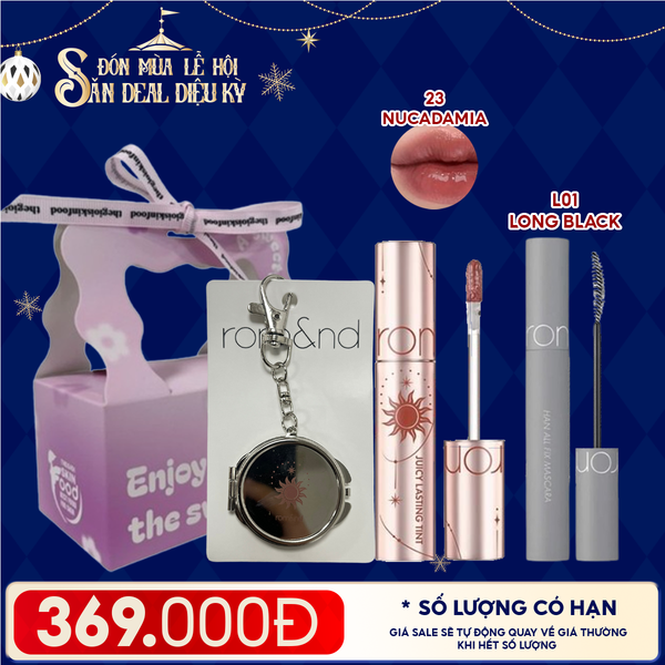  Combo Romand: Son Tint Lì Juicy Solunar Edition + Gương Móc Khóa Romand Solunar + Mascara Chuốt Mi L01 Long Black + Túi Quà 