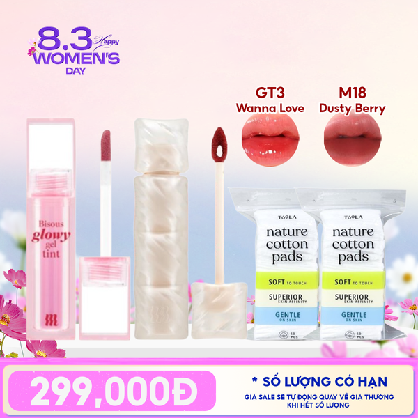  Combo Quà Tặng: Son Bóng Pha Lê Merzy GT3 Wanna Love + Son Kem Lì Merzy Puffer M18 Dusty Berry + 2 Bông Tẩy Trang TOOLA - 50 miếng 