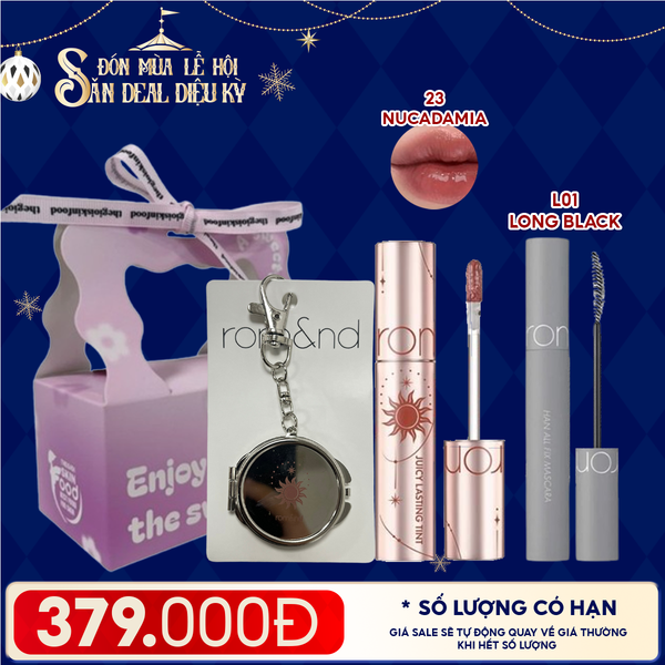  Combo Romand: Son Tint Lì Juicy Solunar Edition + Gương Móc Khóa Romand Solunar + Mascara Chuốt Mi L01 Long Black + Túi Quà 
