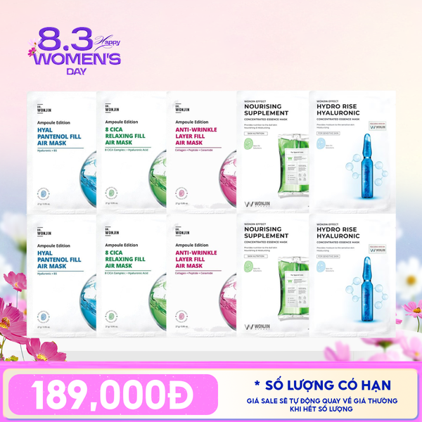  Combo Wonjin 10 Mask: Mặt Nạ Cấp Ẩm Dưỡng Sáng Effect Concentrated Essence + Mặt Nạ Tăng Sinh Collagen Phục Hồi Instant Repair Solution 