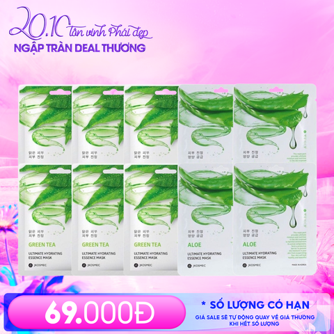 Combo Mặt Nạ Jkosmec 10 Miếng: Jkosmec Ultimate Hydrating Essence Mask Green Tea (6 miếng) + Aloe (4 miếng)