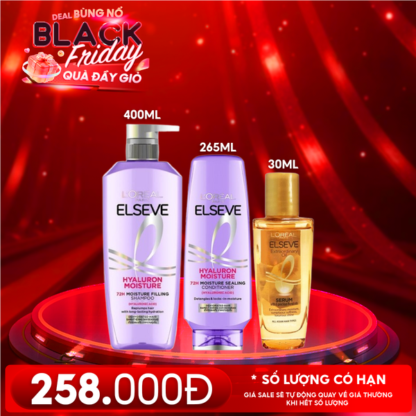  Combo 3 Sản Phẩm L'oreal: Dầu Gội Cấp Ẩm, Tóc Bóng Mượt 400ml + Dầu Xả Cấp Ẩm, Tóc Bóng Mượt 265ml + Dầu Dưỡng Tóc 30ml 