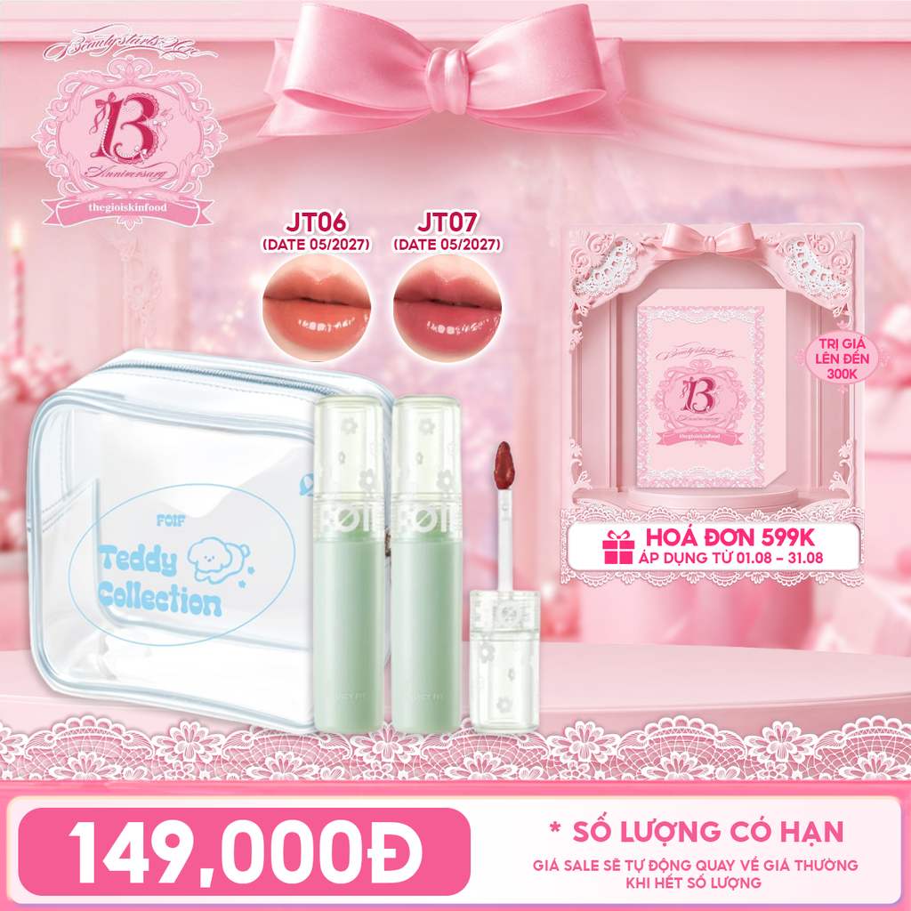 Combo Travel: 2 Sản Phẩm Son Tint Bóng FOIF Juicy Fit Tint + Túi Make Up Cún Yêu FOIF Teddy Tint Bag