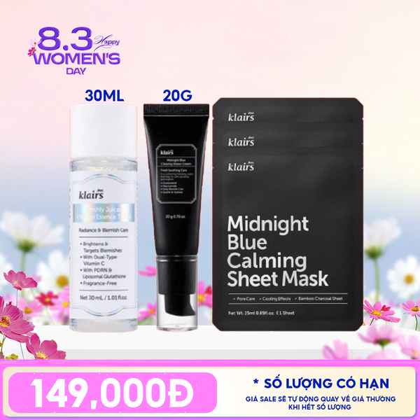  Combo 5 Sản Phẩm Klairs: Nước Hoa Hồng Sáng Da 30ml + 3 Mặt Nạ Làm Dịu, Hỗ Trợ Giảm Kích Ứng, Phục Hồi Da + Kem Dưỡng Làm Dịu, Cải Thiện Da Ban Đêm 20g 