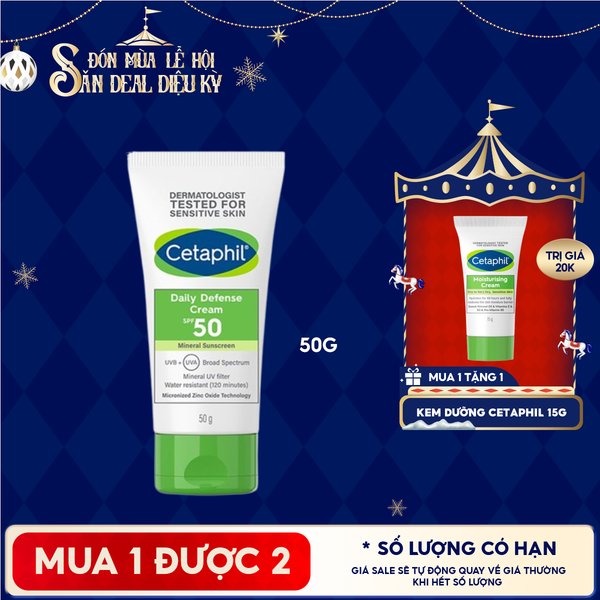  Kem Chống Nắng Cetaphil Dưỡng Ẩm 2in1 Cho Da Thiên Dầu, Nhạy Cảm Daily Defense Cream SPF50 UVB+UVA 50g 