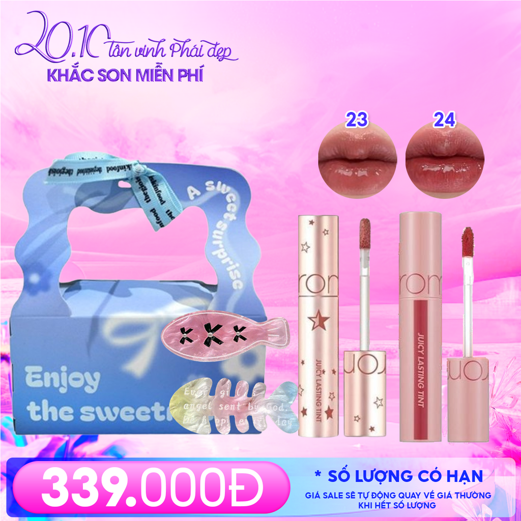 Combo Quà Tặng 20/10: Túi Quà + Son Tint Lì Romand Starry Edition 23 + Son Tint Lì Romand 24 Peeling Angdoo + Kẹp Tóc Ngẫu Nhiên