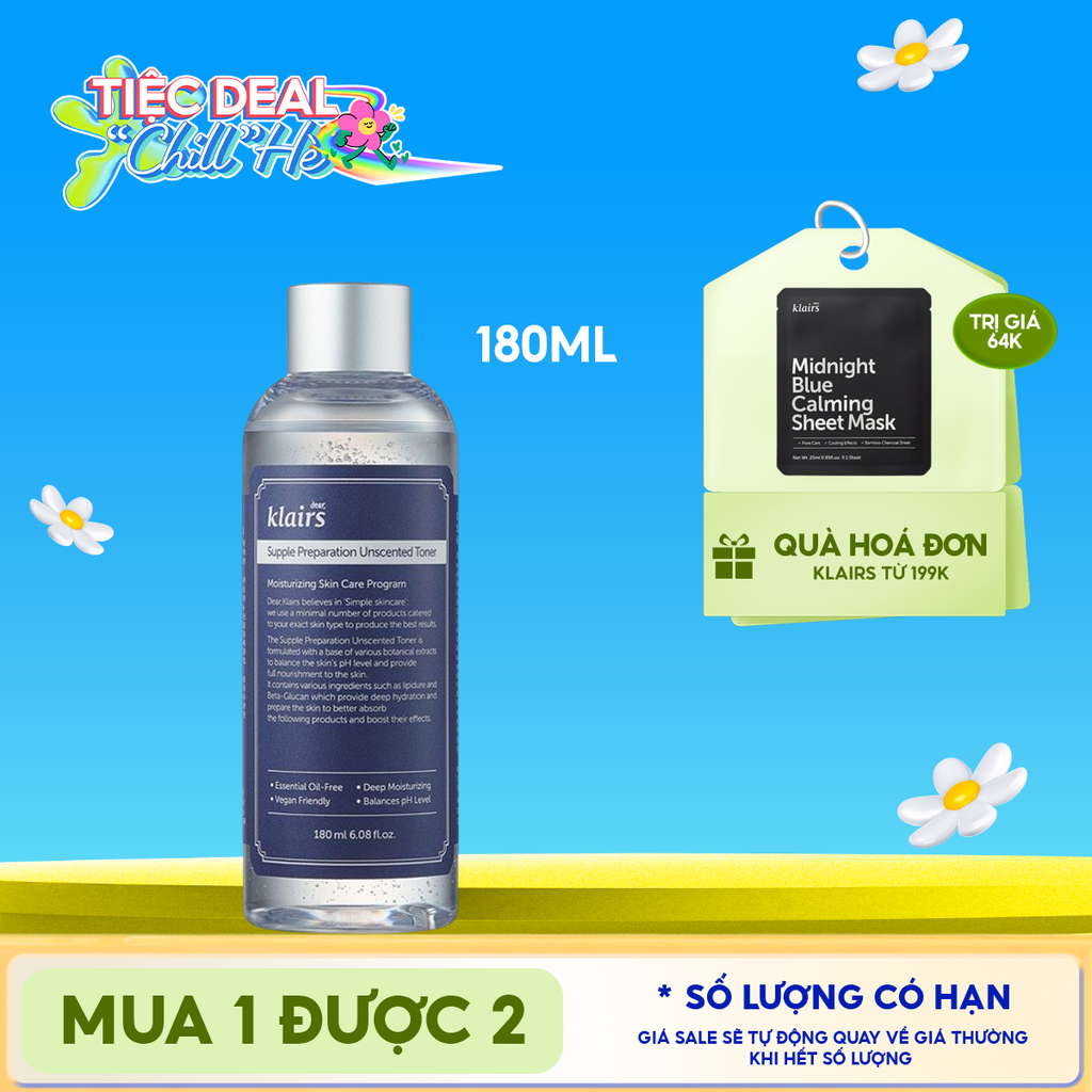 Nước Hoa Hồng Klairs Không Mùi Dưỡng Ẩm, Làm Dịu Da Supple Preparation Unscented Toner 180ml