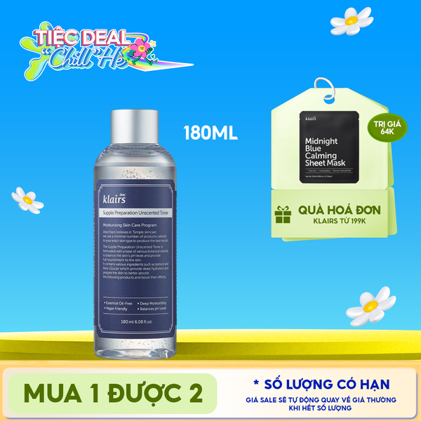  Nước Hoa Hồng Klairs Không Mùi Dưỡng Ẩm, Làm Dịu Da Supple Preparation Unscented Toner 180ml 