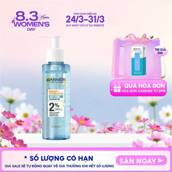  Sữa Rửa Mặt Dạng Gel Garnier Dịu Nhẹ Cho Da Dầu Mụn Skin Naturals Bright Complete Anti-Acne Cleansing Gel 120ml 