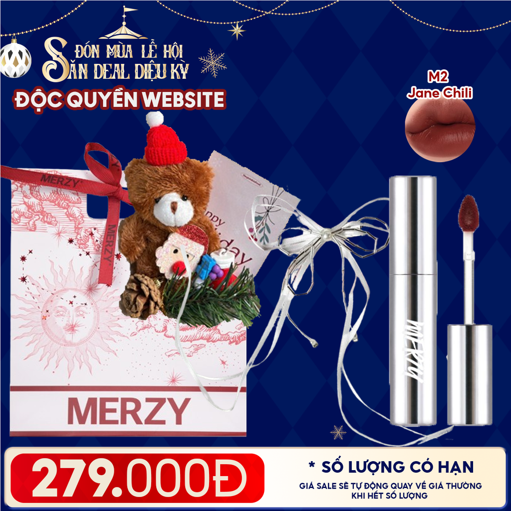 Túi Quà Giáng Sinh: Son Merzy + Kẹp Tóc Ngẫu Nhiên + Set Quà Gấu + Túi Giấy Merzy Holiday