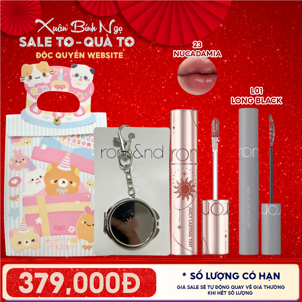 Combo Romand: Son Tint Lì Juicy Solunar Edition + Gương Móc Khóa Romand Solunar + Mascara Chuốt Mi L01 Long Black + Túi Quà