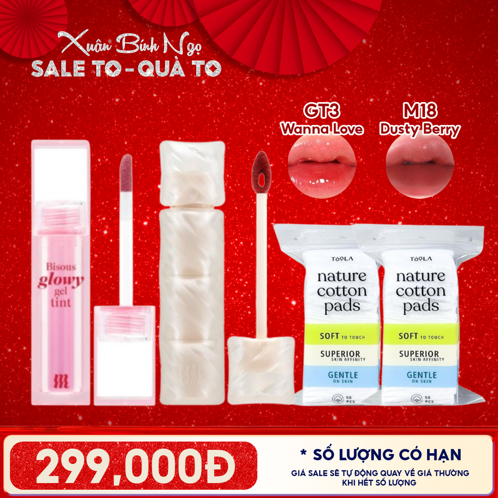Combo Quà Tặng: Son Bóng Pha Lê Merzy GT3 Wanna Love + Son Kem Lì Merzy Puffer M18 Dusty Berry + 2 Bông Tẩy Trang TOOLA - 50 miếng