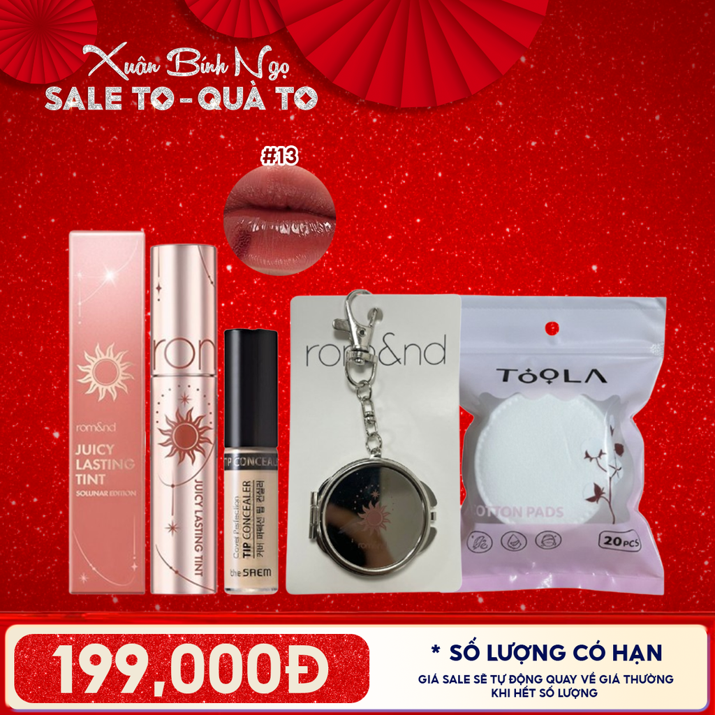 Combo Quà Tặng 8.3:  Son Tint Lì Romand Juicy Solunar Edition + Gương Móc Khóa Romand Solunar + Bông Tẩy Trang Tròn TOOLA x Romand +Kem Chống Nắng The Saem Clear Beige