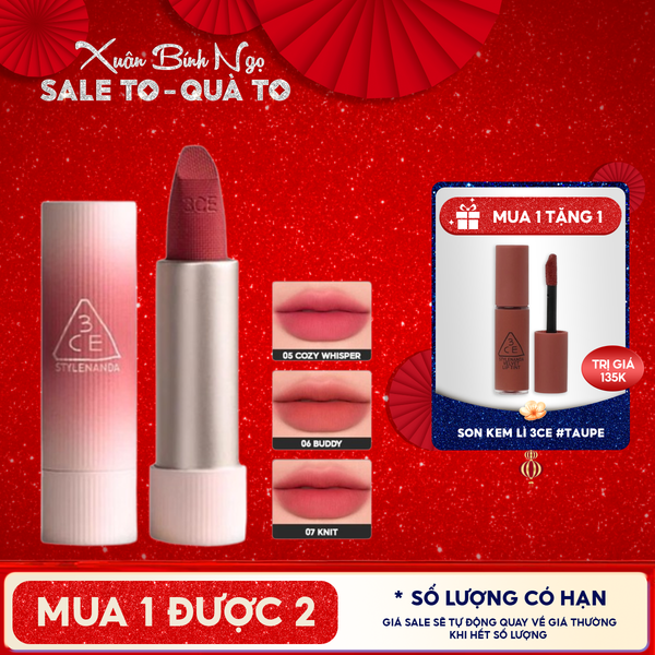  Son Thỏi 3CE Mịn Lì, Mềm Môi Cashmere Hug Lipstick 3.5g 