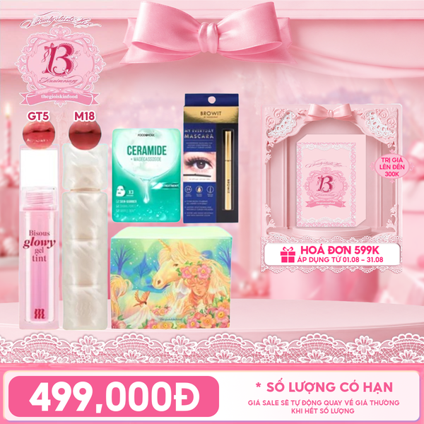  [HỘP QUÀ YÊU THƯƠNG] Son Bóng Pha Lê Merzy Bisous Glowy Gel Tint + Son Phao Kem Lì Merzy Puffer Mellow Tint + Mặt Nạ Foodaholic Ample Mask + Mascara Browit My Everyday Mascara + Hộp Quà Ngẫu Nhiên 