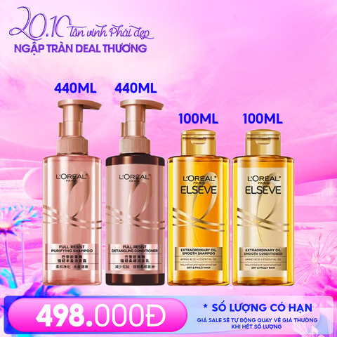 Combo L'oreal 4 Sản Phẩm: Dầu Gội L'oreal 440ml + Dầu Xả L'oreal 440ml + Dầu Gội L'oreal 100ml+ Dầu Xả L'oreal 100ml
