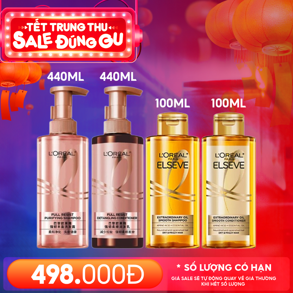 Combo L'oreal 4 Sản Phẩm: Dầu Gội L'oreal 440ml + Dầu Xả L'oreal 440ml + Dầu Gội L'oreal 100ml+ Dầu Xả L'oreal 100ml