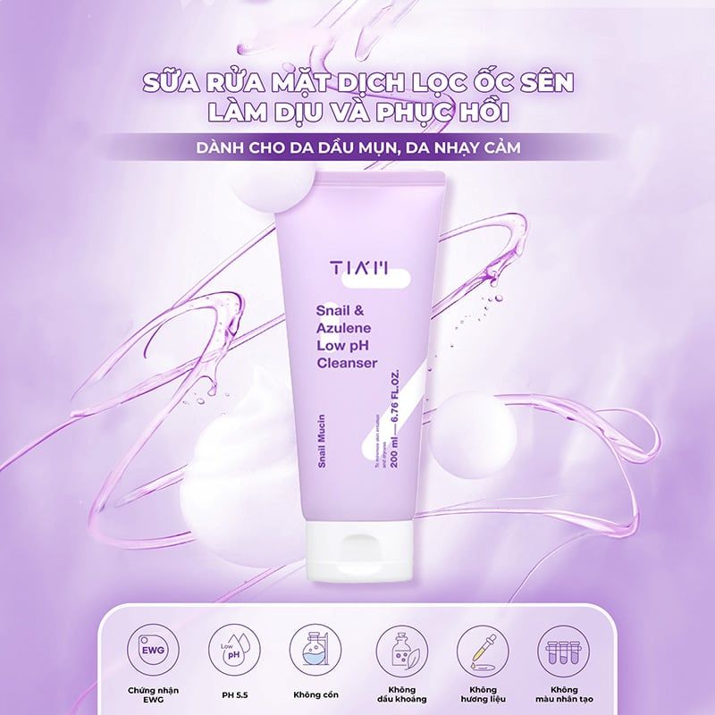 Sữa Rửa Mặt Tiam Ốc Sên Làm Dịu, Hỗ Trợ Phục Hồi Da Snail & Azulene Low pH Cleanser 200ml