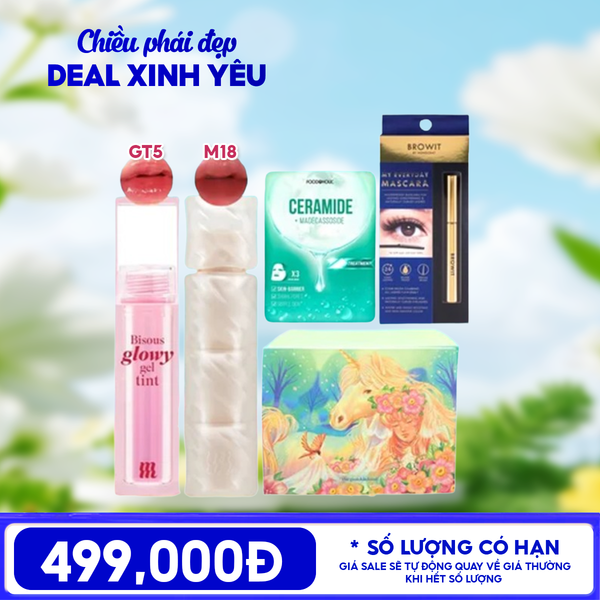  [HỘP QUÀ YÊU THƯƠNG] Son Bóng Pha Lê Merzy Bisous Glowy Gel Tint + Son Phao Kem Lì Merzy Puffer Mellow Tint + Mặt Nạ Foodaholic Ample Mask + Mascara Browit My Everyday Mascara + Hộp Quà Ngẫu Nhiên 