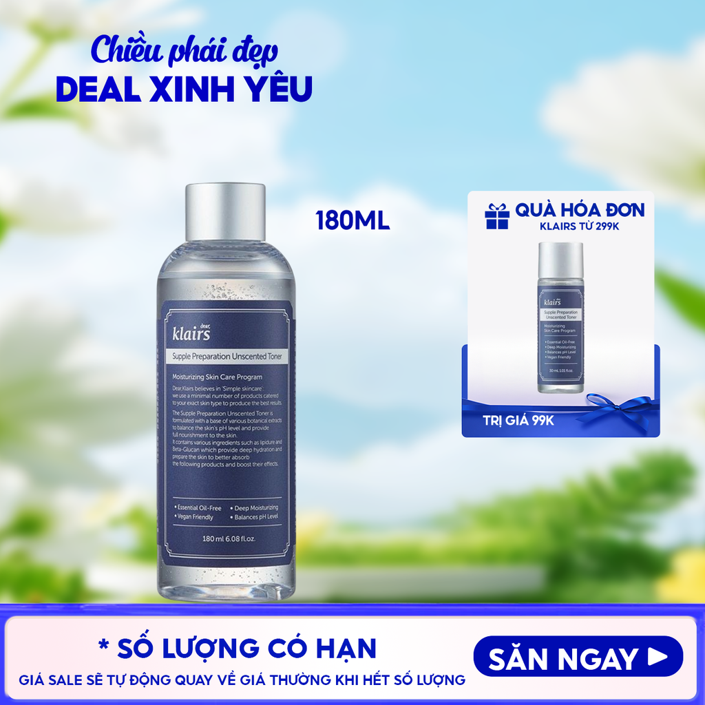Nước Hoa Hồng Klairs Không Mùi Dưỡng Ẩm, Làm Dịu Da Supple Preparation Unscented Toner 180ml