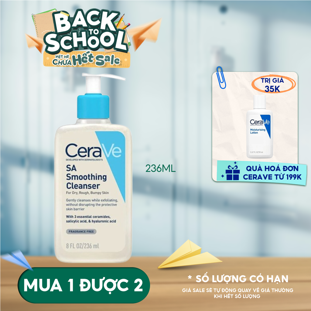Sữa Rửa Mặt Cerave Làm Sạch Sâu Cho Da Mụn, Tẩy Da Chết Dịu Nhẹ Developed With Dermatologists SA Smoothing Cleanser 236ml
