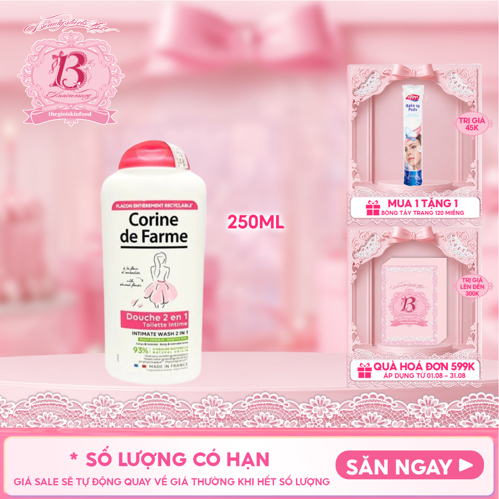 Sữa Tắm Corine De Farme Làm Sạch Nhẹ Nhàng Cơ Thể Và Vùng Kín 2 In 1 Cleansing Gel 250ml