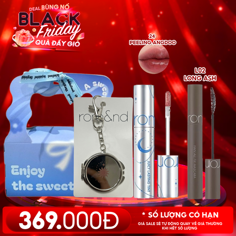 Combo Romand: Son Tint Lì Juicy Solunar Edition + Gương Móc Khóa Romand Solunar + Mascara Chuốt Mi L02 Long Ash + Túi Quà