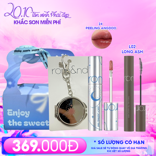  Combo Romand: Son Tint Lì Juicy Solunar Edition + Gương Móc Khóa Romand Solunar + Mascara Chuốt Mi L02 Long Ash + Túi Quà 
