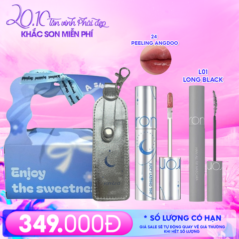 Combo Romand: Son Tint Lì Juicy Solunar Edition + Túi Đựng Son Móc Khóa Solunar + Mascara Chuốt Mi L01 Long Black + Túi Quà