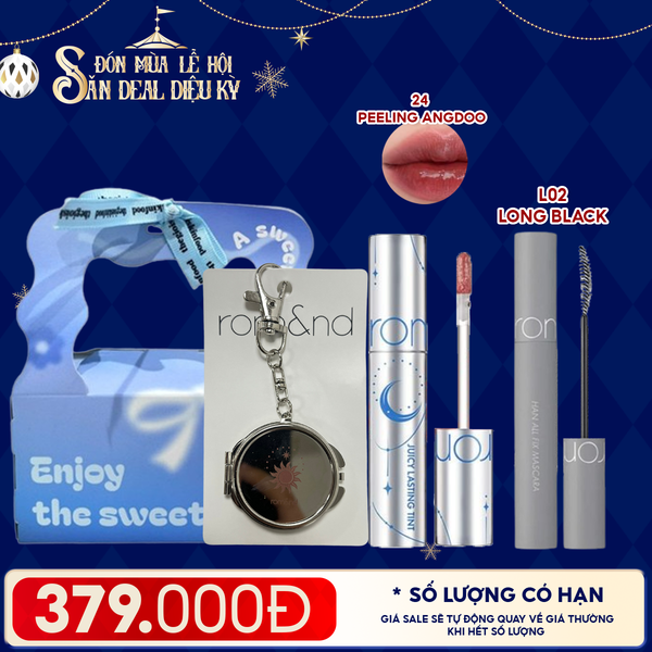  Combo Romand: Son Tint Lì Juicy Solunar Edition + Gương Móc Khóa Romand Solunar + Mascara Chuốt Mi L01 Long Black + Túi Quà 