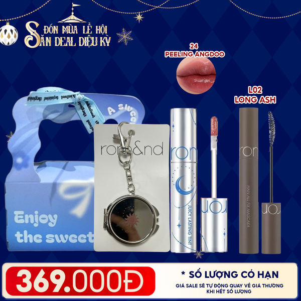  Combo Romand: Son Tint Lì Juicy Solunar Edition + Gương Móc Khóa Romand Solunar + Mascara Chuốt Mi L02 Long Ash + Túi Quà 