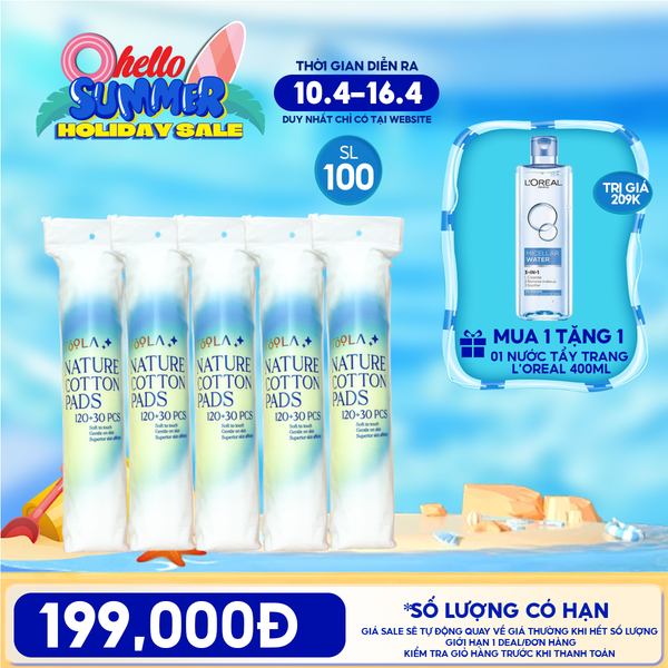  [ĐỘC QUYỀN - MUA 1 TẶNG 1] Set 5 Bông Tẩy Trang Mềm Mịn TOOLA 150 miếng TẶNG 1 Nước Tẩy Trang 400ML 