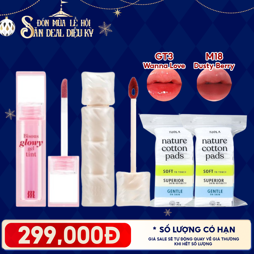 Combo Quà Tặng: Son Bóng Pha Lê Merzy GT3 Wanna Love + Son Kem Lì Merzy Puffer M18 Dusty Berry + 2 Bông Tẩy Trang TOOLA - 50 miếng