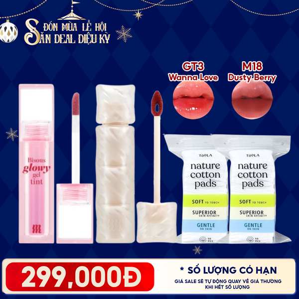  Combo Quà Tặng: Son Bóng Pha Lê Merzy GT3 Wanna Love + Son Kem Lì Merzy Puffer M18 Dusty Berry + 2 Bông Tẩy Trang TOOLA - 50 miếng 