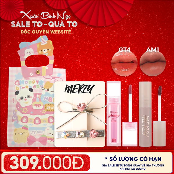  Combo Quà Tặng: Son Bóng Pha Lê Merzy Bisous Glowy Gel Tint + Son Kem Merzy Academia Mellow Tint + Kẹp Tóc Merzy + Túi Quà 