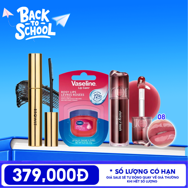  Combo BTS: Mascara Browit My Everyday Mascara + Son Bóng Dưỡng Môi Romand Juicy Flash Lip Oil + Sáp Dưỡng Môi Vaseline Cấp Ẩm, Mềm Mịn Lip Care 