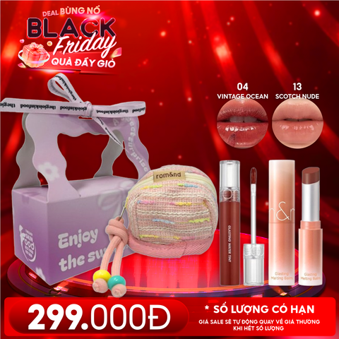 Combo Quà Tặng 20/11: Son Tint Nước Romand Glasting Water Tint + Son Dưỡng Có Màu Romand Glasting Melting Balm + Túi Đựng Airpods + Túi Quà