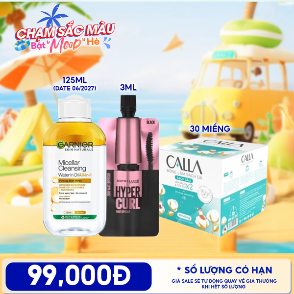  Combo Travel: Bông Tẩy Trang Calla 30 Miếng + Nước Tẩy Trang Làm Sạch Sâu Garnier Micellar Cleansing Water 125ML + Chuốt Mi Maybelline Mascara 3ml 
