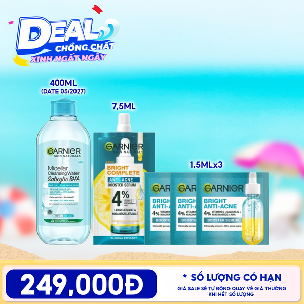  Combo Travel: Tinh Chất Dưỡng Sáng Da Garnier Serum 7.5ml + 3 Sản Phẩm Tinh Chất Dưỡng Sáng Da Garnier Serum 1.5ml + Nước Tẩy Trang Garnier Làm Sạch Sâu Micellar Cleansing Water 