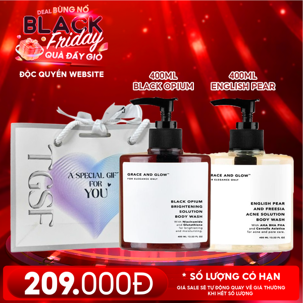  Combo Quà Tặng 20/11: 2 Chai Sữa Tắm Grace And Glow Dưỡng Ẩm, Hỗ Trợ Làm Trắng Da, Tẩy Tế Bào Chết 400ml + Túi Quà 