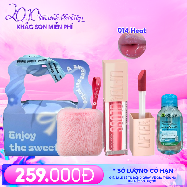  Combo Quà Tặng 20/10: Túi Quà + Son Bóng Căng Mọng Maybelline 014 HEAT + Nước Tẩy Trang Da Dầu Mụn Garnier 50ML + Túi Lông Màu Hồng 