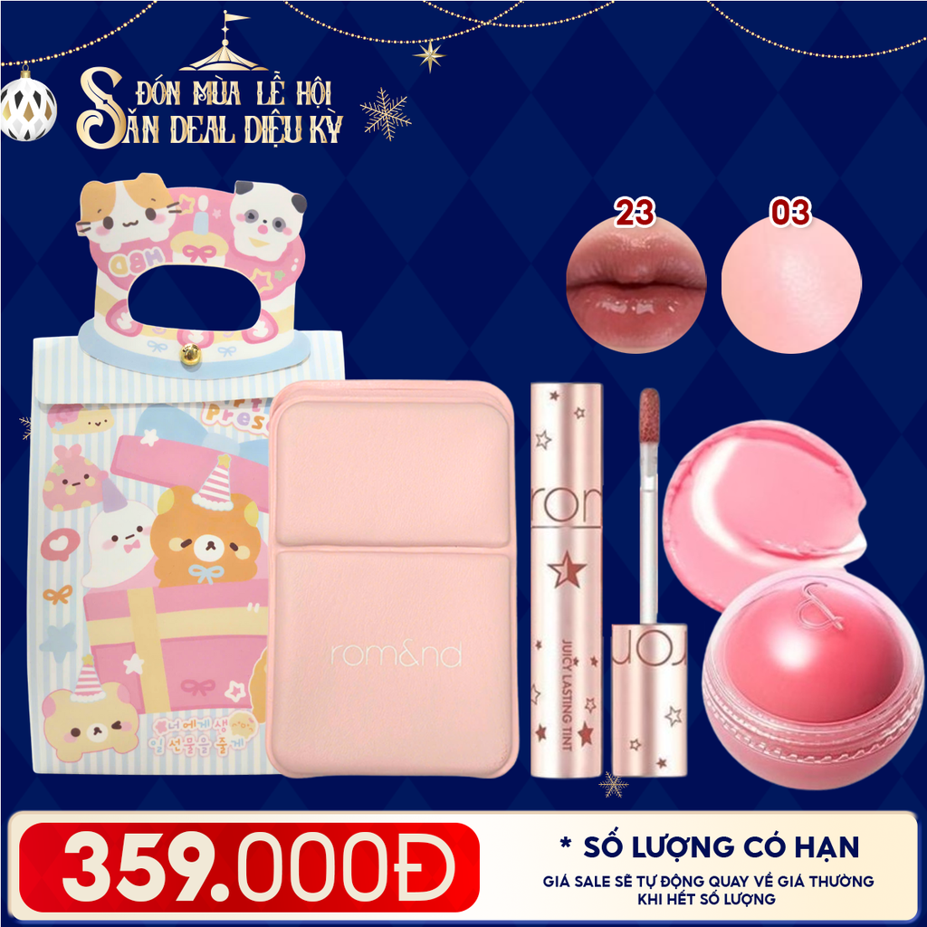 Combo Quà Tặng: Túi Quà + Son Tint Lì Romand Starry Edition 23 + Má Hồng Kem Romand 03 White Peach + Gương Make Up