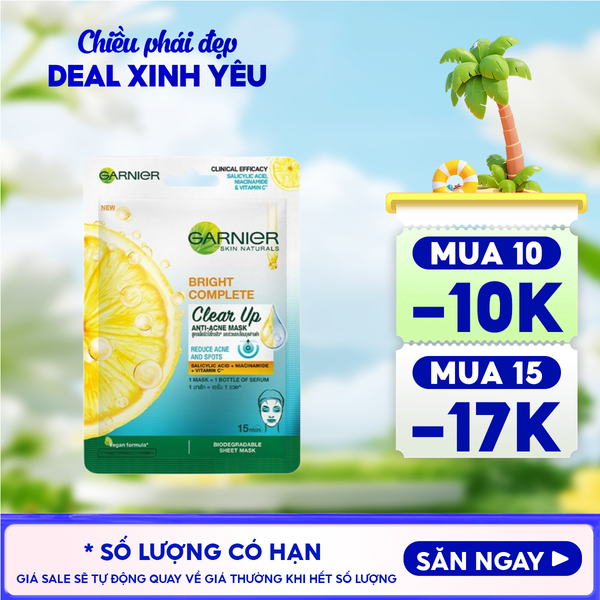  Mặt Nạ Garnier Giảm Mụn, Hỗ Trợ Sáng Da Bright Complete Clear Up Anti-Acne Serum Mask 23g 