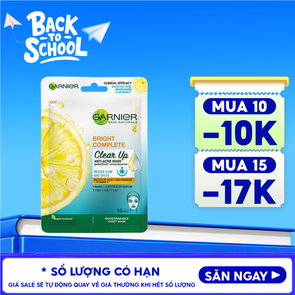  Mặt Nạ Garnier Giảm Mụn, Hỗ Trợ Sáng Da Bright Complete Clear Up Anti-Acne Serum Mask 23g 