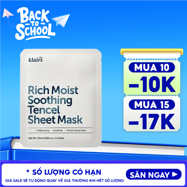 Mặt Nạ Klairs Dưỡng Ẩm, Bảo Vệ Da Khỏe Mạnh Rich Moist Soothing Tencel Sheet Mask 