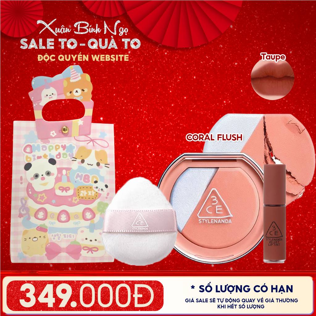 Combo Quà Tặng: Phấn Má Hồng Bắt Sáng 3CE Blushlighter + Son Kem Lì Mini 3CE Taupe + Mút Trang Điểm + Túi Quà