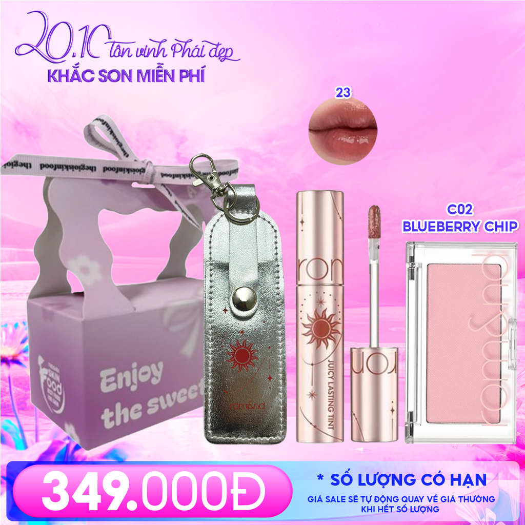 Combo Romand: Son Tint Lì Juicy Solunar Edition + Túi Đựng Son Móc Khóa Solunar + Phấn Má Hồng Better Than Cheek C02 + Túi Quà