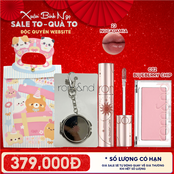  Combo Romand: Son Tint Lì Juicy Solunar Edition + Gương Móc Khóa Romand Solunar + Phấn Má Hồng Better Than Cheek C02 Blueberry Chip + Túi Quà 