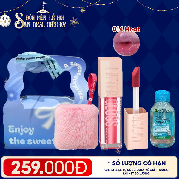  Combo Quà Tặng: Túi Quà + Son Bóng Căng Mọng Maybelline 014 HEAT + Nước Tẩy Trang Da Dầu Mụn Garnier 50ML + Túi Lông Màu Hồng 